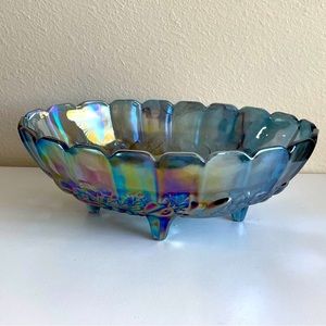 Vintage Indiana Glass Iridescent Blue Harvest Grape Footed Fruit Bowl 12 3/8”